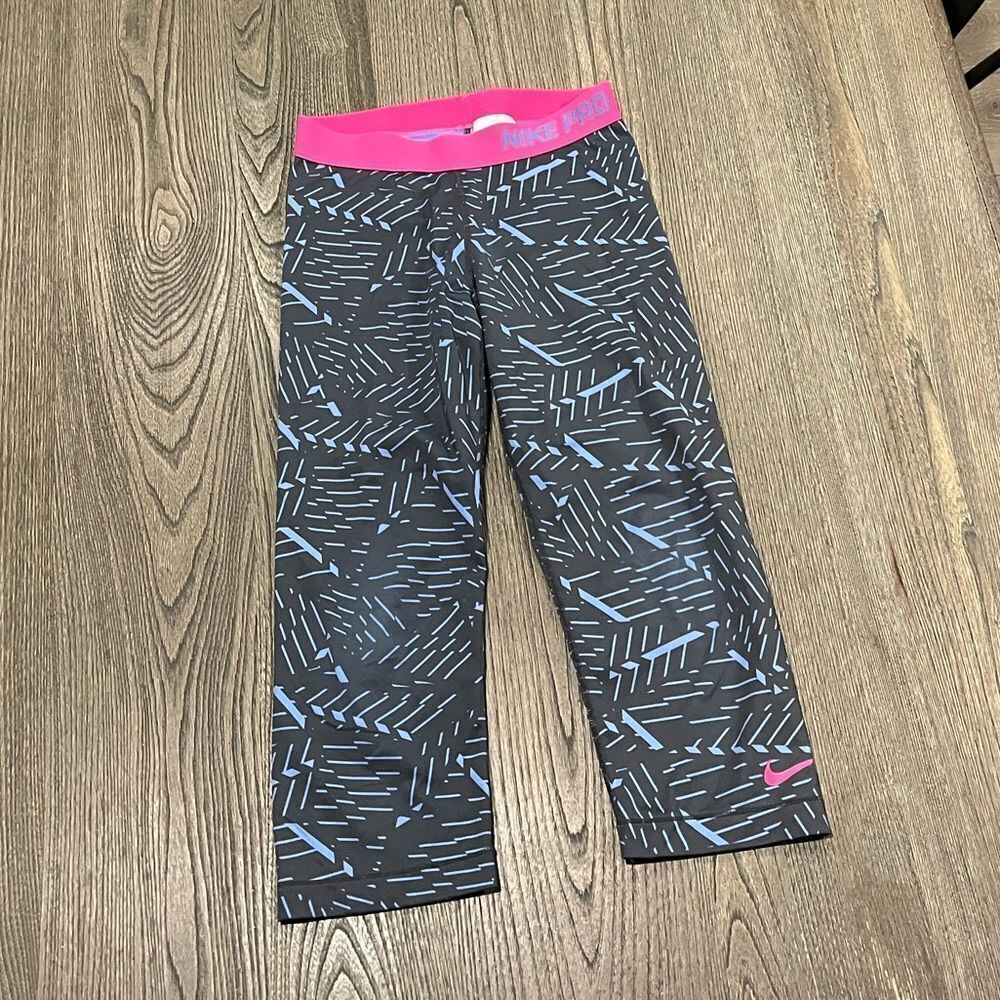 Nike Pro Capri Leggings Elastic Pink Waist Geometric Pattern Black Blue Small